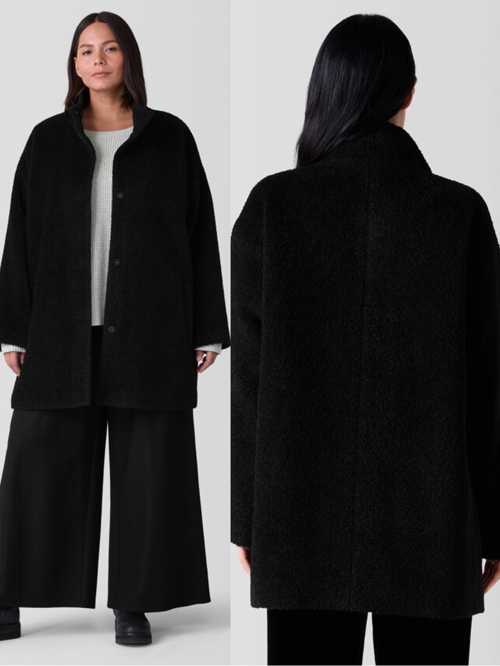 Eileen Fisher Fine Wool Alpaca Stand Collar Leather Trim Coat